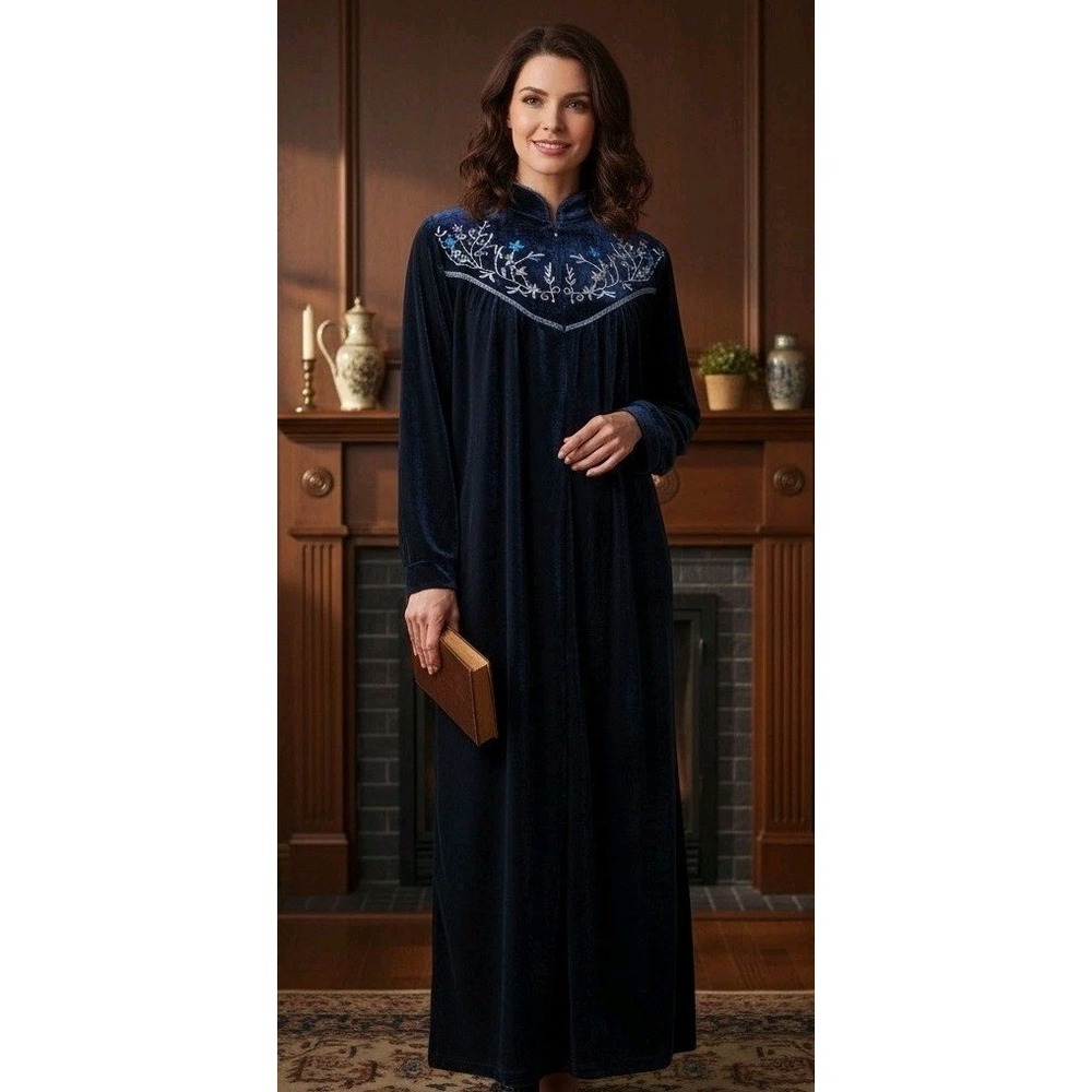 VTG Sante Intimates Velvet Long Nightgown Sapphire Blue Floral Embroidered Sz M